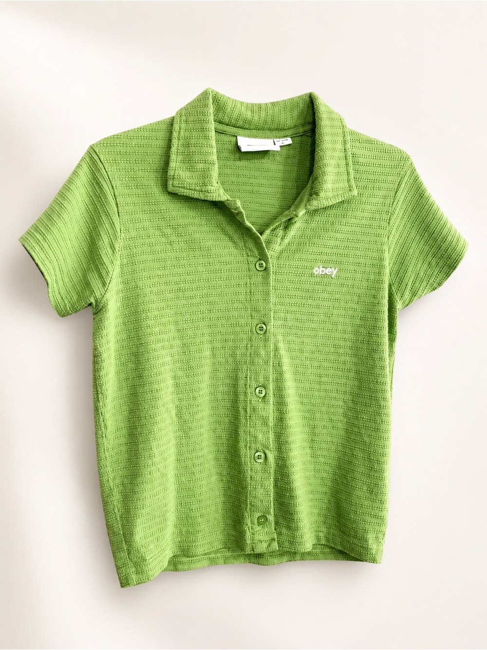 OBEY Green Textured Cropped Button Up Collared Tee XS